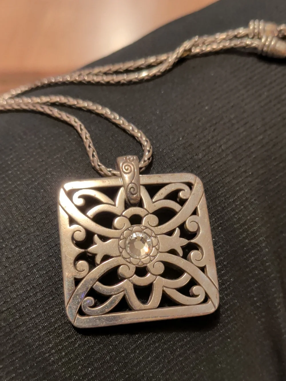 Sterling-Color Filigree Square Pendant Necklace with Clear Crystal Accent